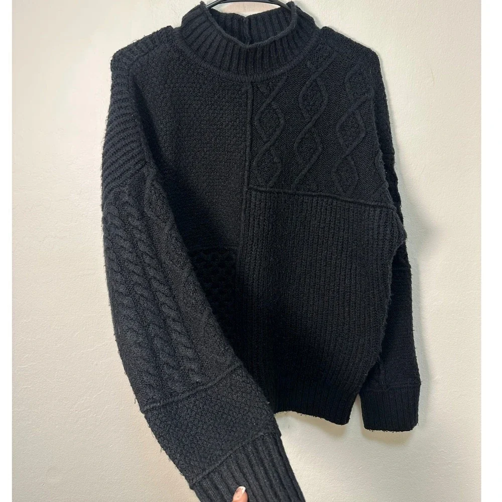 VTG American Eagle Mock Neck Patchwork Knit Sweater Black M Ribbed Cable Knit